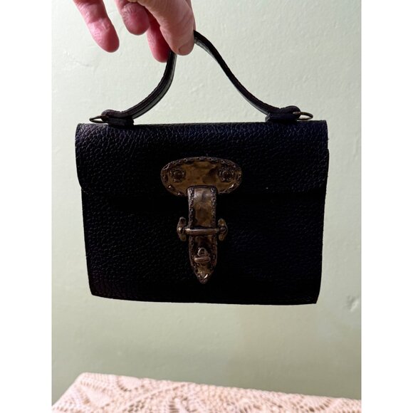 Vintage 60s Mini Black Pebble Leather Purse Escutcheon Clasp - Picture 16 of 16